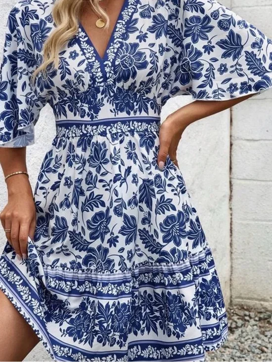 NEW!! V Neck Batwing Sleeve Blue & White Floral Women’s Mini Dress - Picture 4 of 6